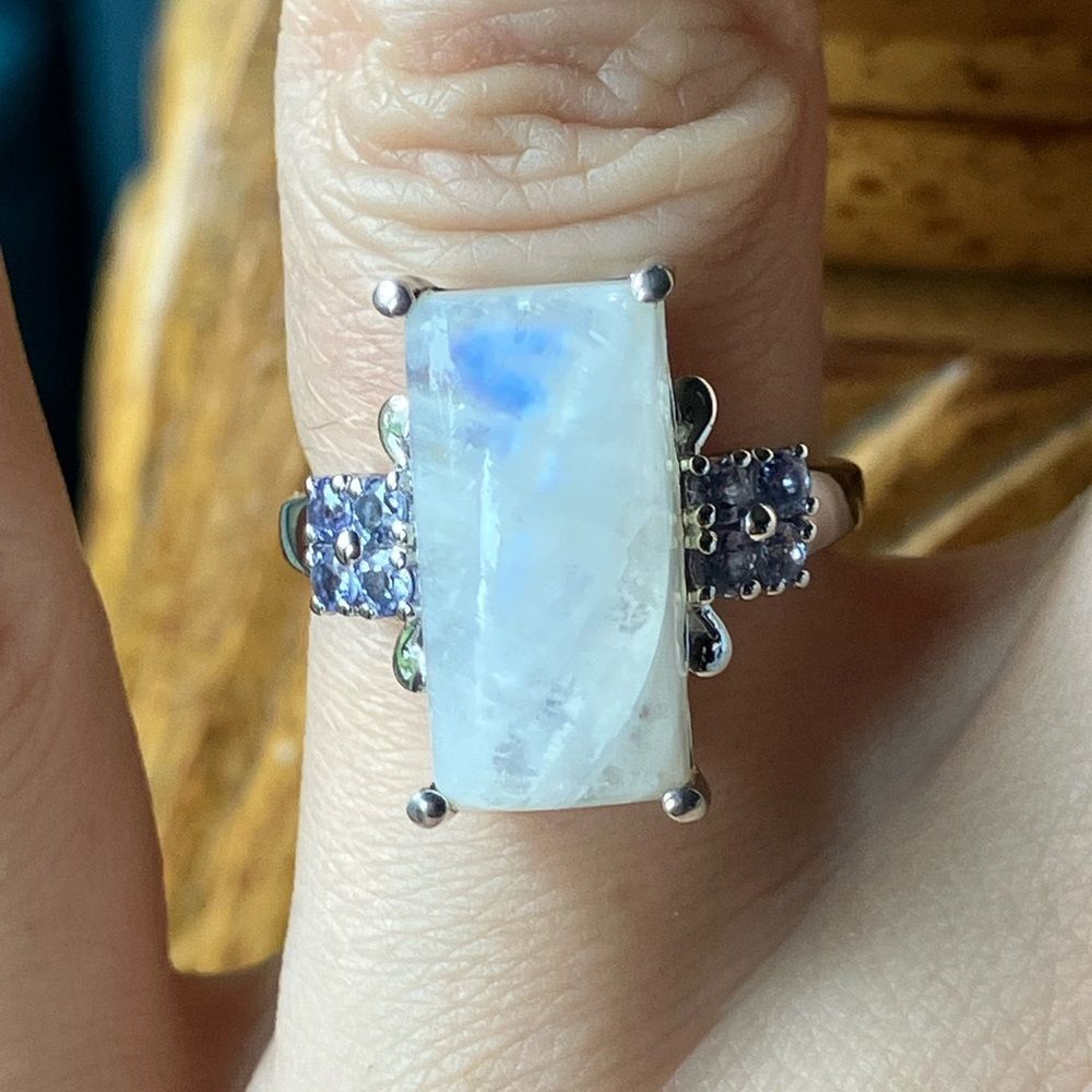 Natural Rainbow Moonstone Tanzanite Sterling Silver Ring Size 6